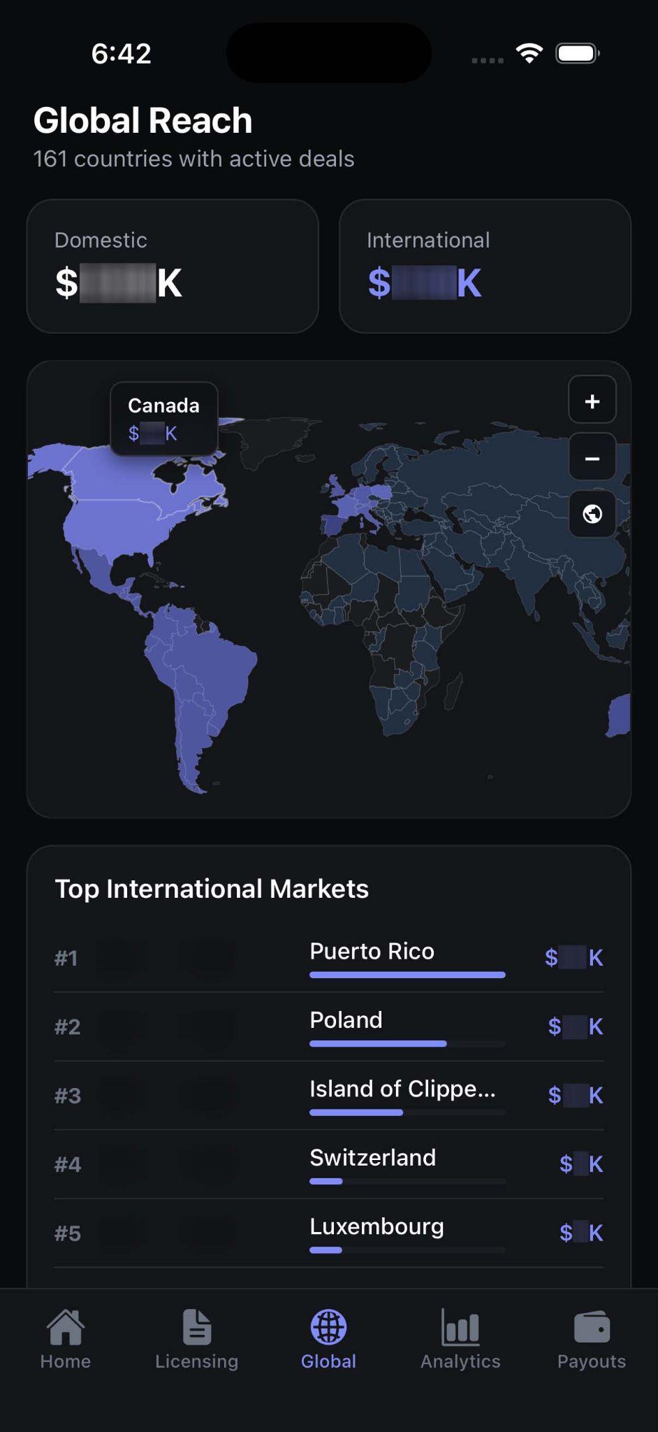 Global reach map with top international markets